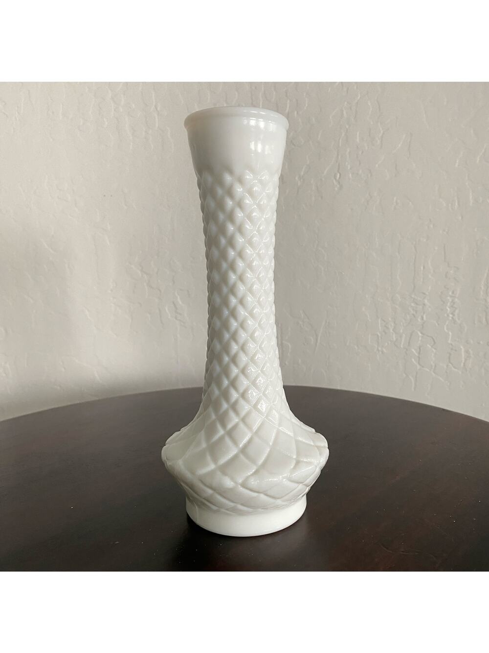 Milk glass bud vase Randall vintage quilted diamond flared 9”